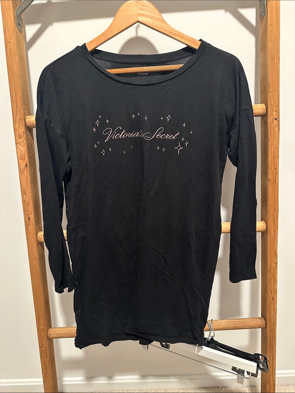 Victoria's Secret Black Long-Sleeve sleep shirt with Sparkle Accents